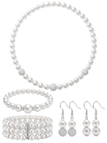 BBTO 8 Pcs Pearl Necklace and Earring Set for Women Faux Pearl Bracelet Costume Jewelry Set for Wedding Bridal Shower Party - style: Romantic Style