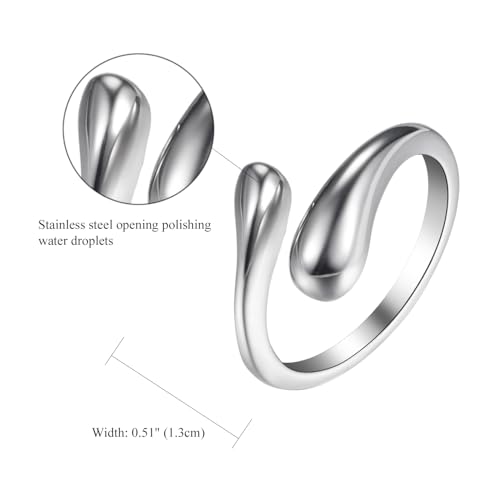 Cupimatch Modern Teardrop Adjustable Ring - Women Polished Stainless Steel Open Cuff Ring, Minimalist Wedding Anniversary Gift（Size:7