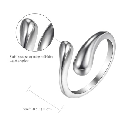 Cupimatch Modern Teardrop Adjustable Ring - Women Polished Stainless Steel Open Cuff Ring, Minimalist Wedding Anniversary Gift（Size:7