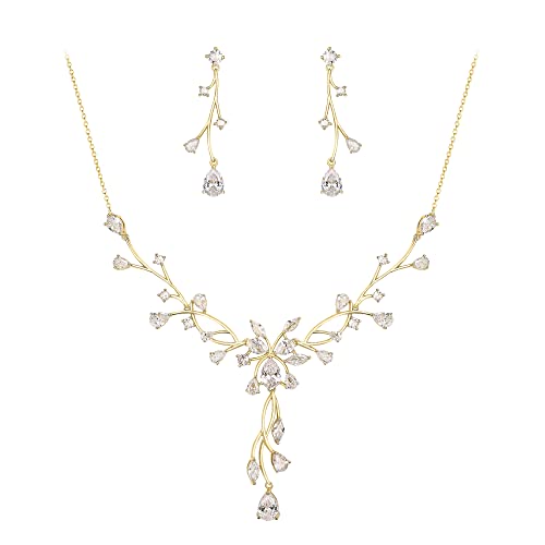 Crysdue Women's Wedding Bridal Jewelry Set for Brides Bridesmaids Cubic Zirconia Flower Leaf Vine Necklace Dangle Earrings for Prom Party - style: 37-gold