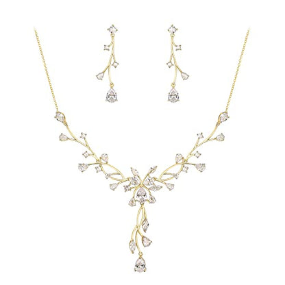 Crysdue Women's Wedding Bridal Jewelry Set for Brides Bridesmaids Cubic Zirconia Flower Leaf Vine Necklace Dangle Earrings for Prom Party - style: 37-gold