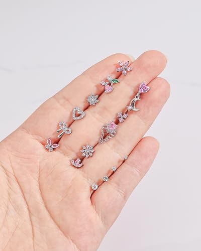BSJ4U Nose Rings L Shaped for Women Nose Piercings 20G Surgical Stainless Steel Nose Studs CZ Heart Butterfly Flower Cherry Bow Moon Dangle Nose Piercing Jewelry - color: Silver Pink Nose Rings