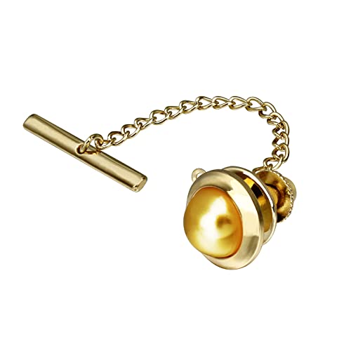 AMITER Crystal/Pearl Tie Tack with Chain, Gold Mens Tie Pin Necktie Pins Lapel Pin for Wedding Birthday Anniversary Party - color: 24k Gold+Yellow Imitation Pearl