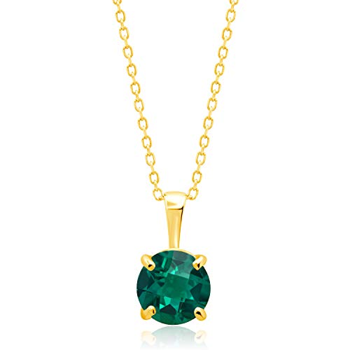 MAX + STONE 14k White or Yellow Gold Gemstone Round Pendant Necklace for Women 6mm Solitaire Birthstone with 18 Inch Cable Chain - color: Created Emerald