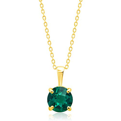 MAX + STONE 14k White or Yellow Gold Gemstone Round Pendant Necklace for Women 6mm Solitaire Birthstone with 18 Inch Cable Chain - color: Created Emerald
