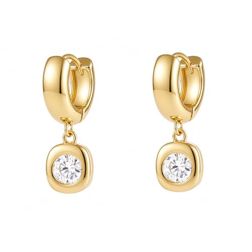 SHERLOVE Chunky Statement Gold Dangle Earrings Women Bezel Cubic Zirconia | 14K Gold Plated Huggie Hoop Drop,Dainty Trendy Elegant Fancy Formal,Hypoallergenic Lightweight Non tarnish,Statement Jewelry - color: Chunky Dangle Round Gold