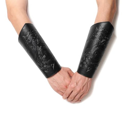 Medieval Leather Bracers Dragon Embossed Viking Leather Bracers Leather Arm Armer Cuff Leather Gauntlet Costumes Accessories - style: Dragon Leather Bracers-black