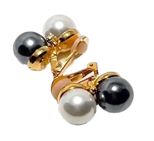 14mm Double Pearl Earring with 2 Crystal Accents, Gold or Silver Setting. Pierced or Clip - color: Grey/Gold/Pierced