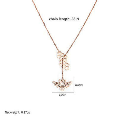 18K Gold Plated Stainless Steel Bee Honeycomb Pendant Necklace, Adjustable Y Lariat Conch/Guitar/Horseshoe Necklace for Women - color: Rose Gold, style: Bee