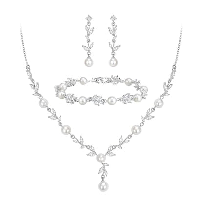 EVER FAITH Cubic Zirconia Pearl Leaf Bridal Jewelry Set for Bride Women | White Wedding Prom Necklace Dangle Earrings Bracelet, for Bridesmaid - color: Marquise_Silver-Plated-Brass