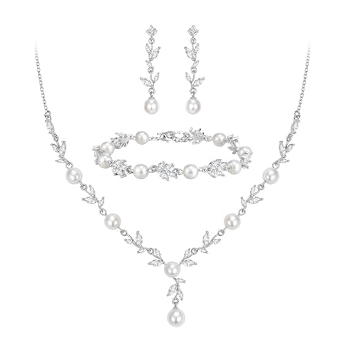 EVER FAITH Cubic Zirconia Pearl Leaf Bridal Jewelry Set for Bride Women | White Wedding Prom Necklace Dangle Earrings Bracelet, for Bridesmaid - color: Marquise_Silver-Plated-Brass