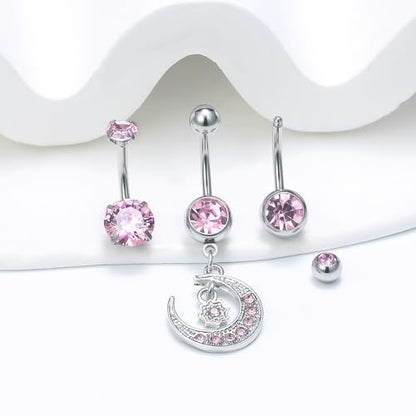14G Dangle Belly Button Ring Piercing Jewelry 316L Stainless Surgical Steel Heart Flower CZ Reverse Navel Rings Dangling Belly Button Ring Piercing Jewelry for Women 14 Gauge Hypoallergenic - style: 12Pcs Pink