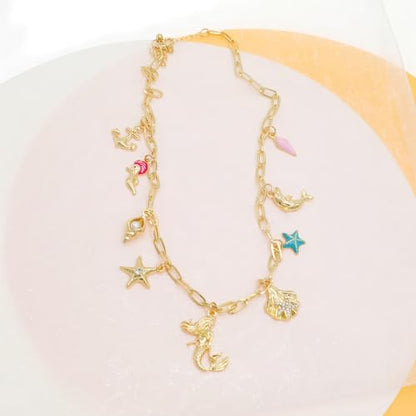 JNF Cute Shell Conch Boho Charm Necklace for Women Sun Moon Star Coin Heart Flower Boot Bow Charms Necklaces Summer Beach Jewelry - color: coastal beach necklace