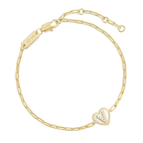 Gold Initial Bracelet For Women, 14k Gold Letter Bracelets | Adjustable Stacking Bracelets Jewelry Gift For Women, Valentines Mother Christmas Jewelry for Women Her 6.5-8 Inch - color: V