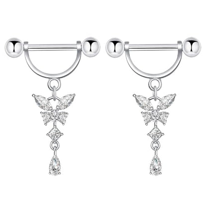 14G Butterfly Dangle Nipple Rings Stainless Steel Clear CZ Nipplerings D-shaped Nipple Barbell Pink White Butterfly Nipple Piercing Jewelry - color: White