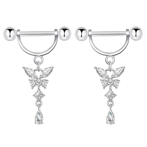 14G Butterfly Dangle Nipple Rings Stainless Steel Clear CZ Nipplerings D-shaped Nipple Barbell Pink White Butterfly Nipple Piercing Jewelry - color: White