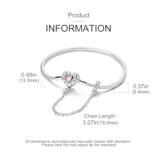 MULA 925 Sterling Silver Snake Chain Charm Bracelet Butterfly Heart Clover with 5A Cubic Zirconia Bracelets for Women - color: Pink Heart