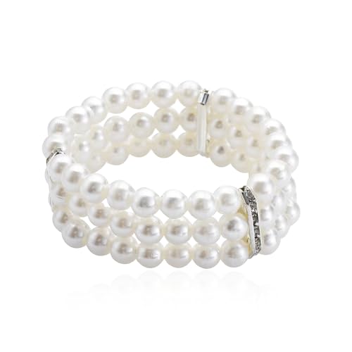 3 Rows Faux Pearls Bracelet for Women Vintage Multi-Layered Rhinestone Pearl Stretch Bracelet Bridal Wedding Jewelry
