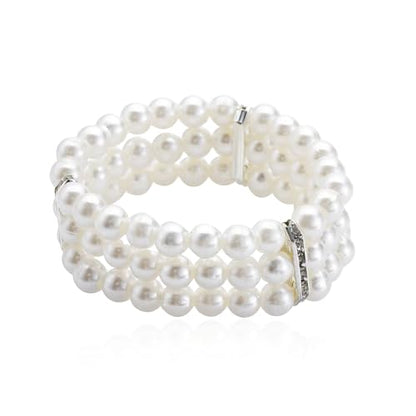 3 Rows Faux Pearls Bracelet for Women Vintage Multi-Layered Rhinestone Pearl Stretch Bracelet Bridal Wedding Jewelry