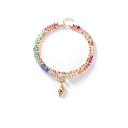 Colorful Acrylic Beaded Necklace For Women, Boho Double Layer Rainbow Beads Thick Cuban Chain Chunky Heart Pendant Statement Choker Summer Beach Jewelry Gift - color: Colorful Gold Conch