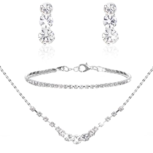 Gjinxi Silver Jewelry Set for Women, Rhinestone Necklace Bracelet Dangle Earrings Set, Crystal Bridal Wedding Party Jewelry Sets for Bride Bridesmaid Formal Costume