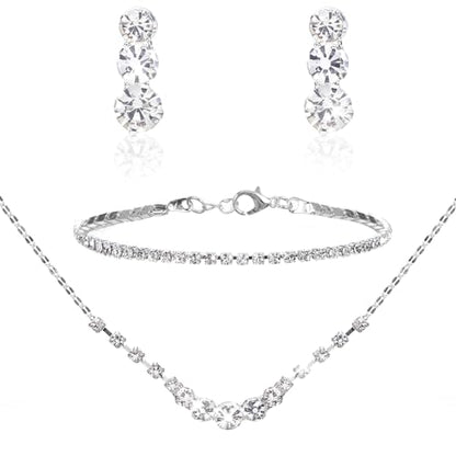 Gjinxi Silver Jewelry Set for Women, Rhinestone Necklace Bracelet Dangle Earrings Set, Crystal Bridal Wedding Party Jewelry Sets for Bride Bridesmaid Formal Costume