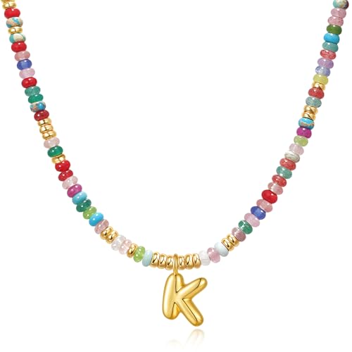 YOUFENG Initial Letter Necklaces for Women Colorful Beaded Gemstone Choker 14K Gold Plated Bubble Letter Pendant Necklace Natural Stone Handmade Jewelry Gift - color: K