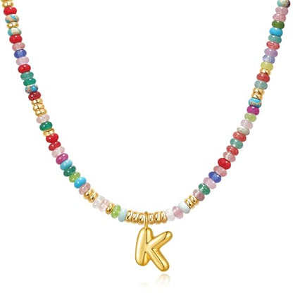 YOUFENG Initial Letter Necklaces for Women Colorful Beaded Gemstone Choker 14K Gold Plated Bubble Letter Pendant Necklace Natural Stone Handmade Jewelry Gift - color: K