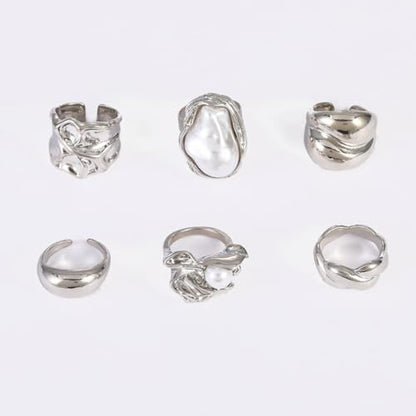 Chunky Gold Stackable Rings Set for Women Pearl Flower Rings Sets Dainty Carved Signet Joint Finger Midi Rings Pack Adjustable Chunky Knuckle Ring Statement Stacking Ring Pack - color: D-Silver-6Pcs