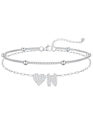 FaithHeart Initial Ankle Bracelets for Women Waterproof, Silver/Black/14k Gold Plated CZ Heart Initial Anklets Non Tarnish Stainless Steel Anklets for Women - color: Silver, size: N