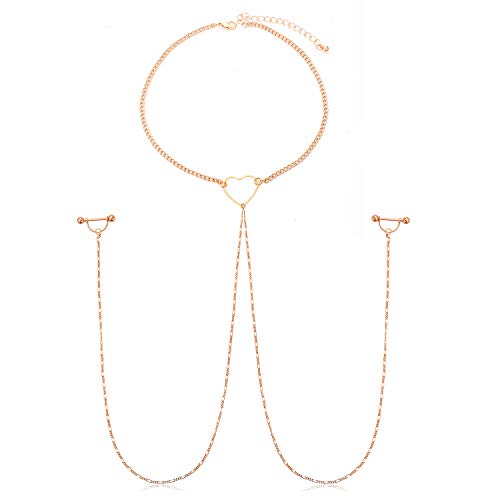 Nipple Ring with Choker Necklaces Stainless Steel Nipple Rings Chain Heart Cat Head Punk Chokers for Women Nipple Barbell Piercing Jewelry - color: Rose Gold - Heart Style