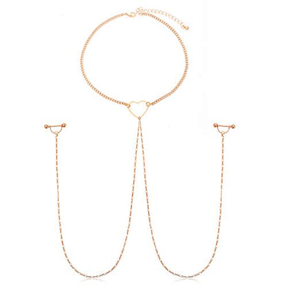 Nipple Ring with Choker Necklaces Stainless Steel Nipple Rings Chain Heart Cat Head Punk Chokers for Women Nipple Barbell Piercing Jewelry - color: Rose Gold - Heart Style
