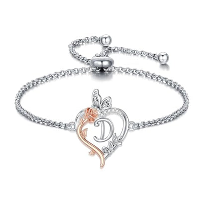 TOUPOP Gifts for Women Rose Heart Initial Bracelet 925 Sterling Silver Butterfly Letter Link Bracelet Love Jewelry Anniversary Birthday Gifts for Wife Girlfriend Mom Her - style: Initial D