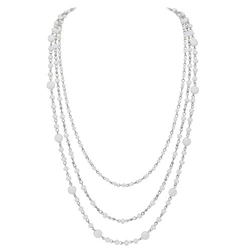 Firstmeet Long Chain Multi Layer Fashion Glass Beads Handmade Necklace for Women - color: White-y