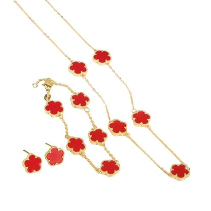 14K Gold-Filled Clover Necklace For Women - Classic Five-Leaf Flower Set Bracelet Necklace Earrings Jewelry Set, Five Leaf Clover Necklaces Dainty Lucky Clover Jewelry - color: Red - Clover Necklace