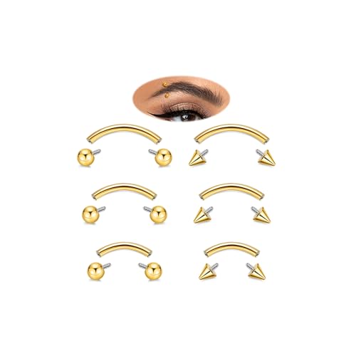 6PCS 16G G23 Titanium Eyebrow Piercing Jewelry for Women Curved Barbell Tiny Eyebrow Ring Vertical Labret Belly Lip Tongue Ring Internally Threaded Rook Tragus Daith Earring 6/8/10mm - color: Gold A