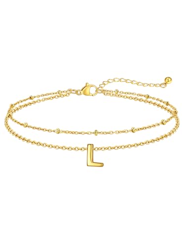 FaithHeart Initial Ankle Bracelets for Women, Waterproof 14k Gold Plated Initial Anklets Non Tarnish Stainless Steel Cute Layered Anklet Summer Beach Jewelry - color: Gold, size: Initial L