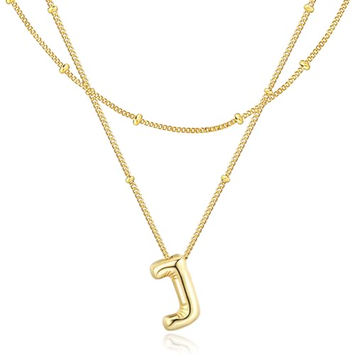 Bubble Letter Necklace for Women, 14k Gold Plated Initial Letter Pendant Necklace Personalized Jewelry A - Z 26 letters - style: Gold-J
