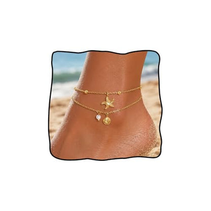 Gold Shell Anklets for Women Dainty Gold Starfish Seashell Ankle Bracelets Boho Lightweight Starfish Shell Pearl Anklets Summer Beach Foot Jewelry Accessories