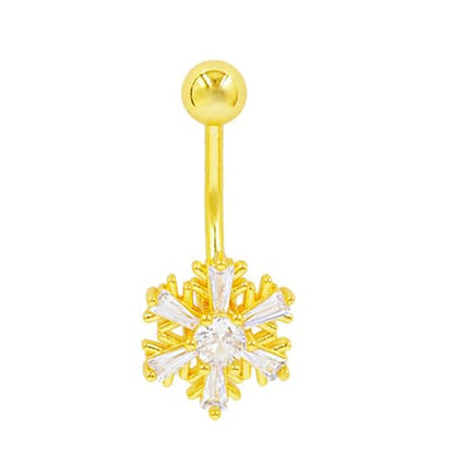 Dainty Flower Dangle Belly Button Ring CZ Crystal Snowflake Navel Barbell Rings Dangling Christmas Body Piercing Jewelry for Women - color: Gold