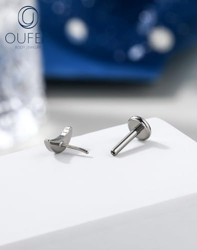 OUFER Body Piercing Titanium Flat Back Nose Stud 18G Moon Cartilage Earring Studs 6MM Threadless Helix Tragus Piercing Jewelry for Women Black Lip Piercing Jewelry - color: silver