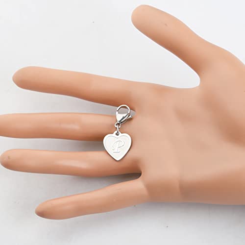 FAADBUK Initial Letter A-Z Alphabet Heart Charms for Jewelry Bracelet Keychain Necklace Initial Stainless steel Clasp Clip on Charm - color: intial P