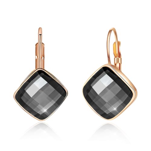 Austrian Crystal Square Leverback Drop Earrings for Women | Classic Square-Cut Crystal,14K Gold-Plated,Leverback for Easy Secure Wear,Gift Box Included,For Day and Evening Events - color: Black