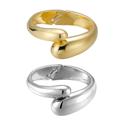 Emibele Cuff Bracelet Stack, 18K Gold-plated Open Bangle Bracelet, Teardrop Hinged Thick Wrist Chunky Bracelet Set for Women, Non Tarnish Jewelry Gift, 2 Pack - color: Gold + Silver