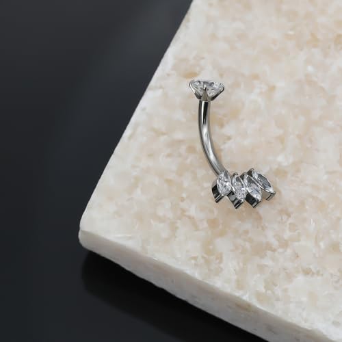 XUU Titanium Belly Button Rings 14G, Implant-Grade Navel Piercing, Luxury CZ Shape with Flower Butterfly, Hypoallergenic Curved Barbell Jewelry for Women, Gold or Silver - style: Marquise-Silver