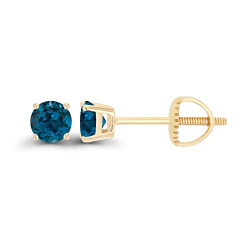 14K Gold Plated 925 Sterling Silver Hypoallergenic 4mm Round Genuine Birthstone Solitaire Screwback Stud Earrings - color: Blue Topaz-London Blue Topaz