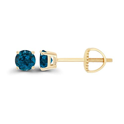 14K Gold Plated 925 Sterling Silver Hypoallergenic 4mm Round Genuine Birthstone Solitaire Screwback Stud Earrings - color: Blue Topaz-London Blue Topaz