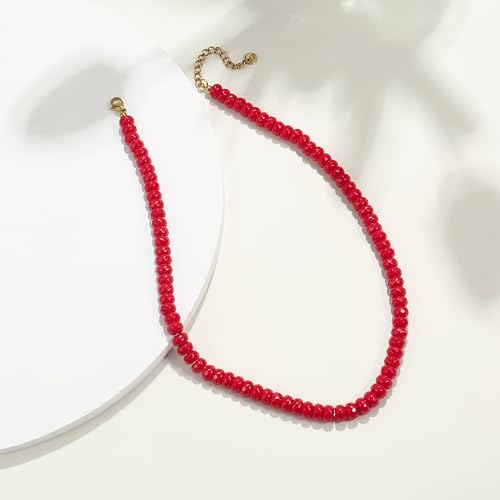 Joya Love Colorful Gemstone Beaded Necklaces For Women Trendy Rainbow Natural Stone Boho Handmade Stainless Steel Waterproof Strand Necklaces Jewelry For Women Gift - color: Red
