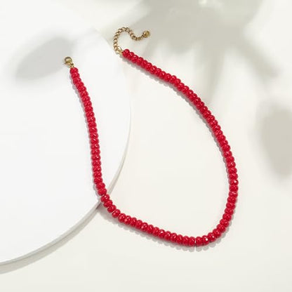 Joya Love Colorful Gemstone Beaded Necklaces For Women Trendy Rainbow Natural Stone Boho Handmade Stainless Steel Waterproof Strand Necklaces Jewelry For Women Gift - color: Red