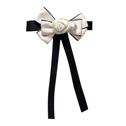 Vintage Camellia Pearls Brooch for Women, Ribbon Bows Tie Pin Elegant Preppy Uniform Pre Tied Bowknot Corsage Shirt Jabot Collar Necktie - color: White